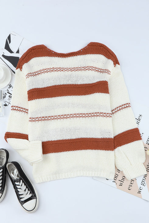 V-Neck Knitted Lantern Sleeve Pullover Sweater